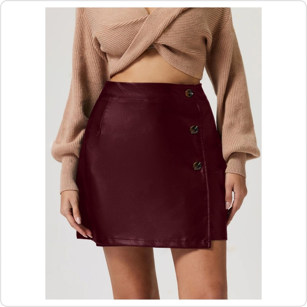 Burgundy High-Rise Mini Skirt with Classic Button Accents